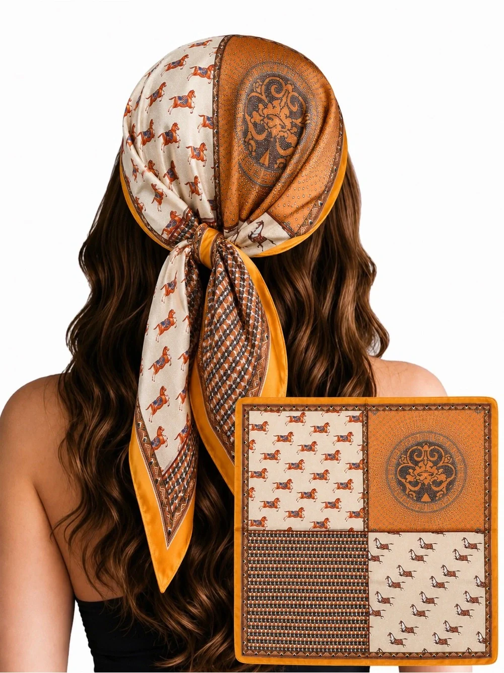 Silk-Feel Horse Print Bandana Scarf in Mustard Cream